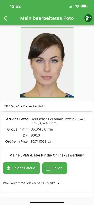 7ID-app: Eksempel på tysk passfoto