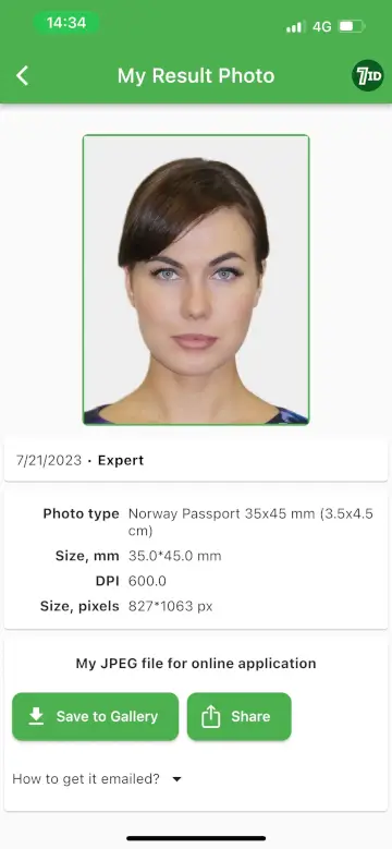 7ID App: Norge Passport Photo Sample