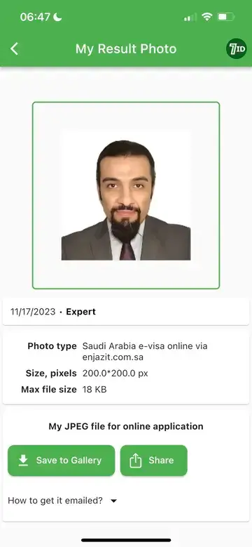 7ID: Exemplo de foto de visto para a Arábia Saudita