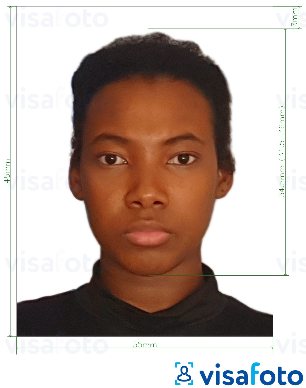 Ví dụ cho ảnh với Hộ chiếu Burkina Faso 4.5x3.5 cm (45x35 mm) cùng kích cỡ xác định chính xác.