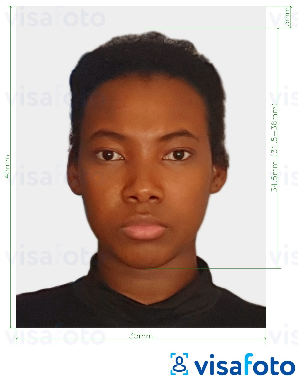 Ví dụ cho ảnh với Congo (Brazzaville) hộ chiếu 35x45 mm (3.5x4.5 cm) cùng kích cỡ xác định chính xác.