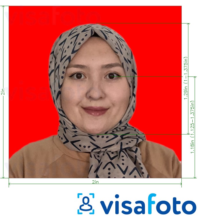 Ví dụ cho ảnh với Hộ chiếu Indonesia 51x51 mm (2x2 inch) nền đỏ cùng kích cỡ xác định chính xác.