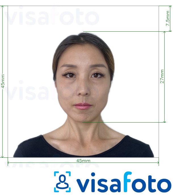 Ví dụ cho ảnh với Nhật Bản Visa 45x45mm, đầu 27 mm cùng kích cỡ xác định chính xác.