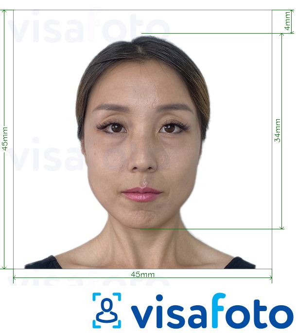 Ví dụ cho ảnh với Nhật Bản Visa 45x45mm, đầu 34 mm cùng kích cỡ xác định chính xác.