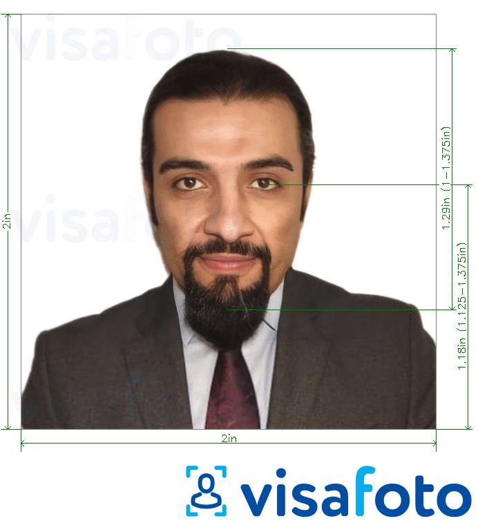 Ví dụ cho ảnh với Hộ chiếu Tunisia 2x2 inch (từ Hoa Kỳ) cùng kích cỡ xác định chính xác.