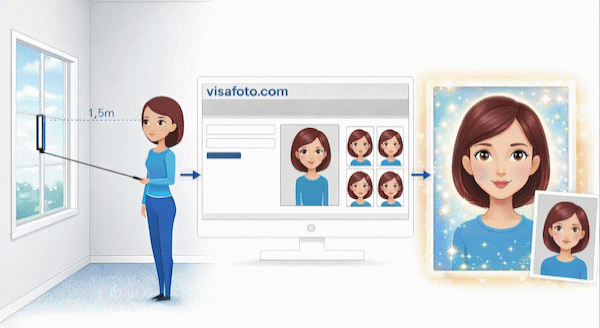 Chụp hình với một chiếc điện thoại thông minh hay máy ảnh trên nền tường trắng, tải ảnh lên ở đây và bạn có được một bức ảnh hợp lệ cho visa, hộ chiếu hay chứng minh của bạn.