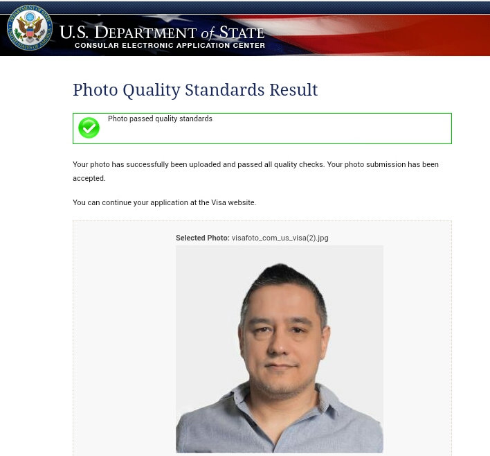 Màn hình thành công tải lên hình ảnh visa Mỹ